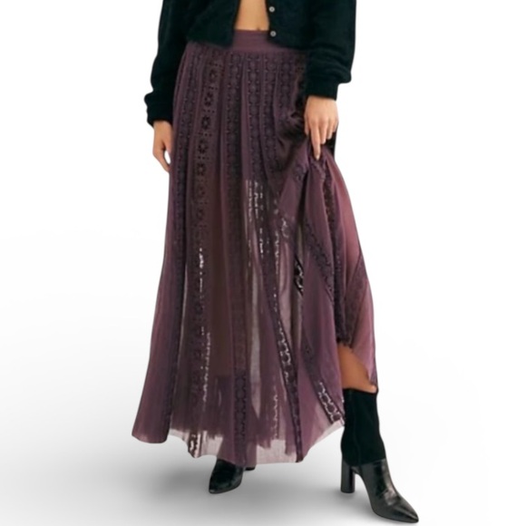 Free People Dresses & Skirts - Free People Elegant Eggplant Purple Lace Maxi Skirt RARE
